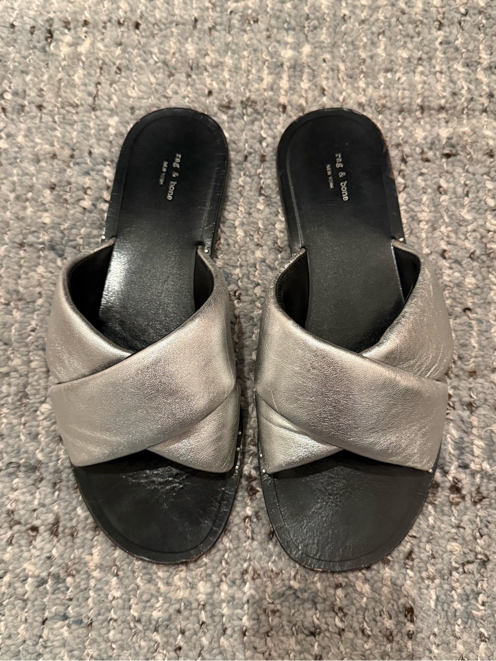 Rag & Bone Metallic Silver Cross-Band Slide Sandals, size 40